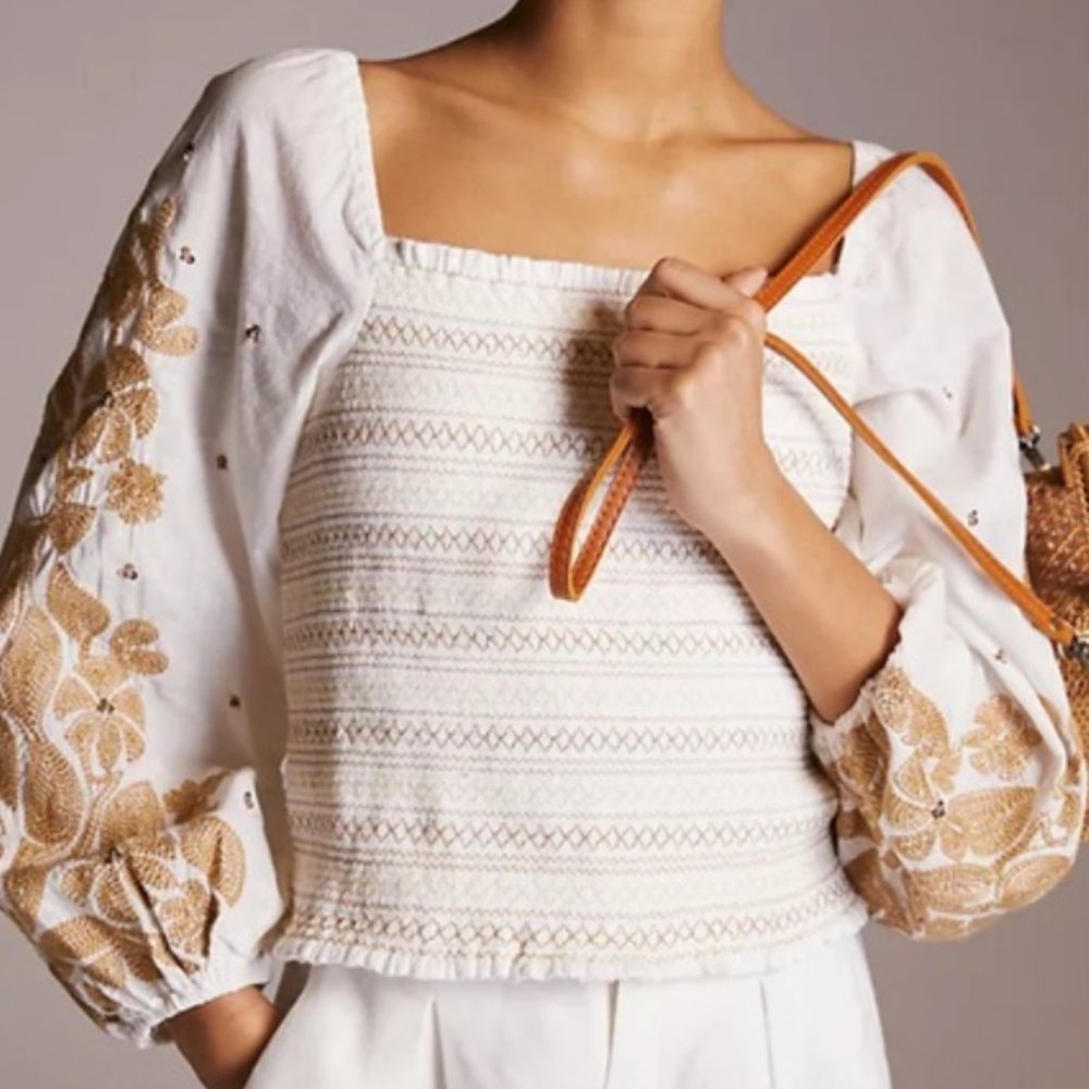By Anthropologie Smocked Cream Top with Tan Floral Embroidered Puff Sleeves XL